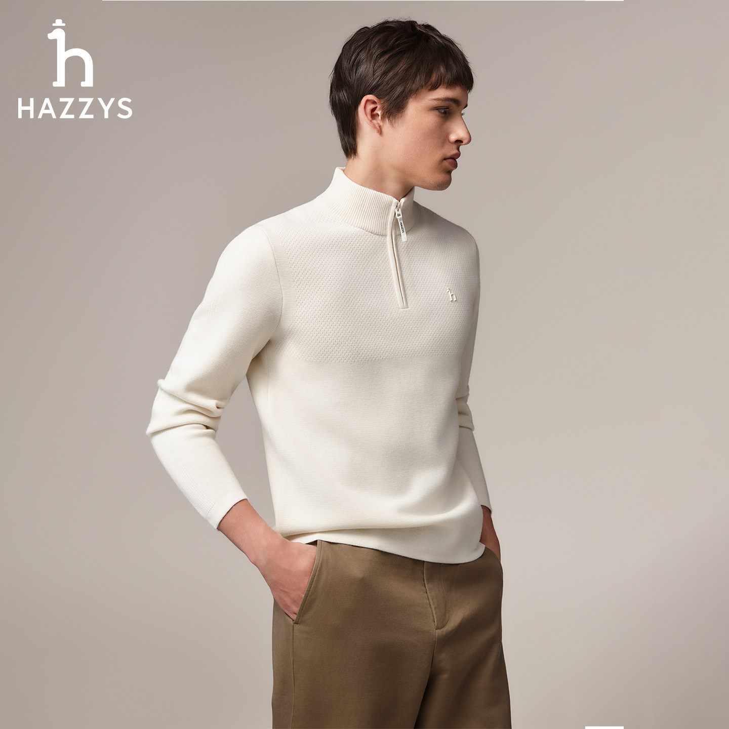 【半拉链毛衣】Hazzys哈吉斯秋季男士纯色立领直筒保暖羊毛针织衫,淘宝优惠券,粉丝福利购,淘宝优惠卷