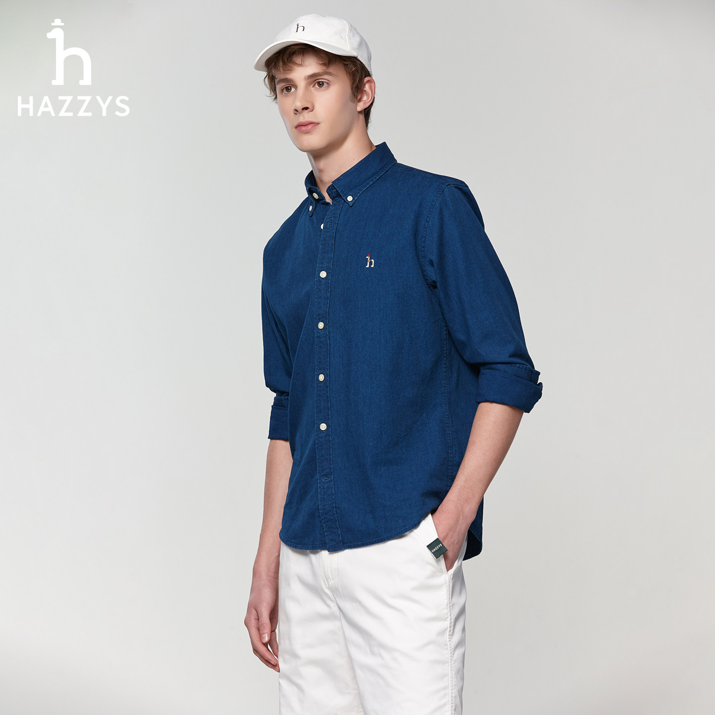 Hazzys哈吉斯男装春季经典合体蓝色牛仔衬衫复古休闲纯棉长袖上衣,淘宝优惠券,粉丝福利购,淘宝优惠卷