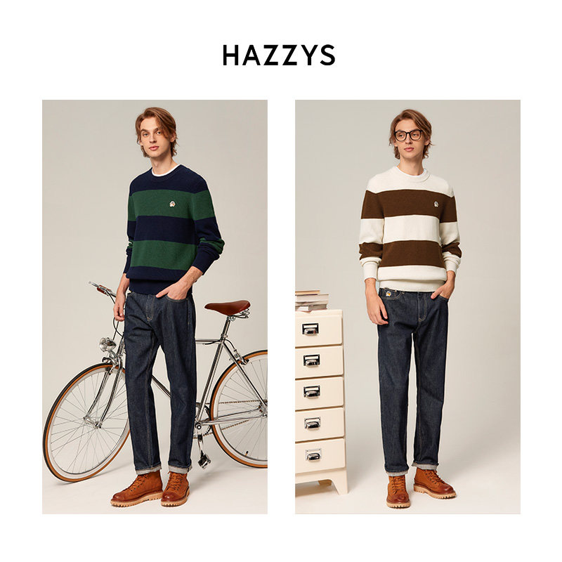 Hazzys哈吉斯男装秋冬季休闲宽松条纹撞色上衣复古毛衣保暖羊毛衫 - 图0