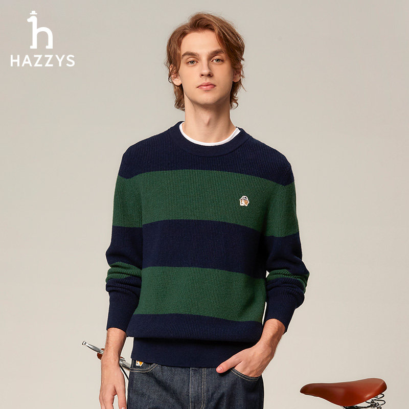 Hazzys哈吉斯男装秋冬季休闲宽松条纹撞色上衣复古毛衣保暖羊毛衫 - 图1