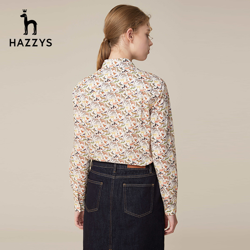 Hazzys哈吉斯印花纯棉长袖衬衫上衣女气质个性设计感休闲衬衣外套-图1