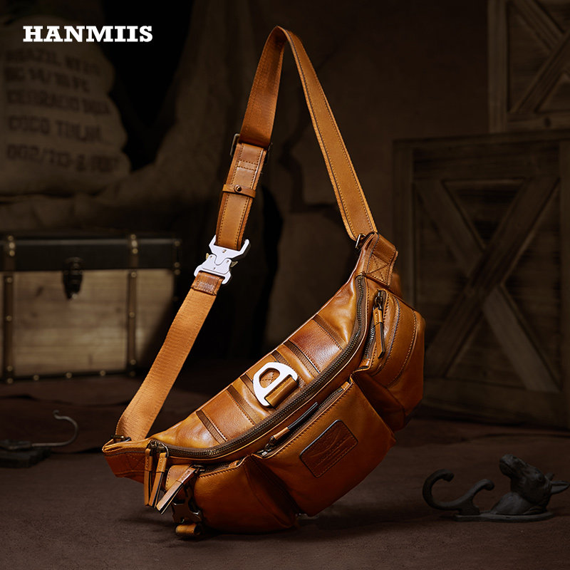 hanmiis便携式b6头层牛皮男单肩包 hanmiis胸包