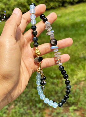 原创手作 天然蓝虎眼石月光石海蓝宝手串 设计师款 按手围定制