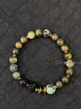 一安手作绿檀木天然松石手串个性复古手链中性手链