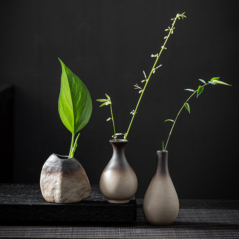 禅意粗陶花瓶陶瓷客厅日式茶具装饰摆件水培花盆器皿创意绿萝花器_虎窝淘
