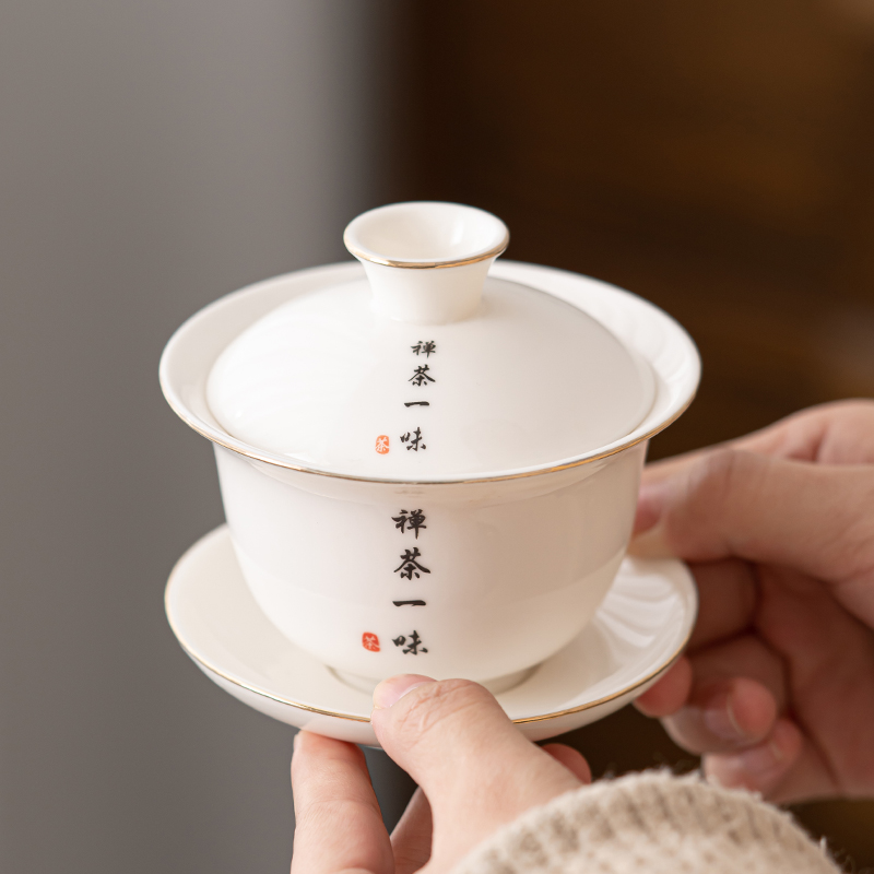 羊脂玉白瓷盖碗单个功夫茶碗带盖三才大号茶杯德化陶瓷家用泡茶具 - 图3