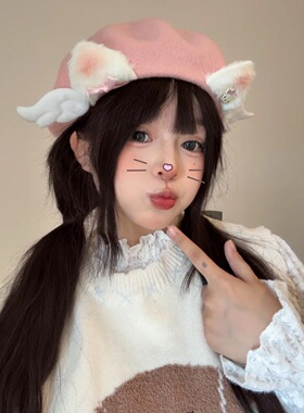 毛绒小天使小猫咪可爱贝雷帽秋季新款翅膀洛丽塔Lolita蓓蕾帽子女