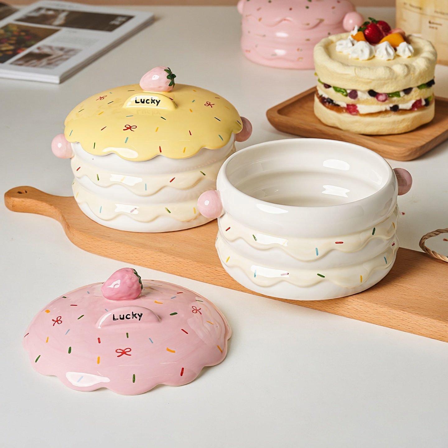 可爱蛋糕造型陶瓷 泡面碗 带盖带手柄卡通碗家用学生宿舍方便面碗,淘宝优惠券,粉丝福利购,淘宝优惠卷