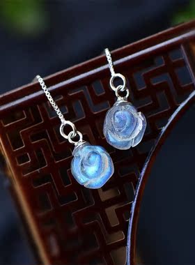 正品天然月光石玫瑰花耳线 精美百搭月光石玫瑰花配925银耳线耳坠