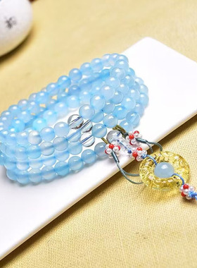 天然蓝玉髓佛珠108颗念珠蓝色玛瑙手链 男女款手串