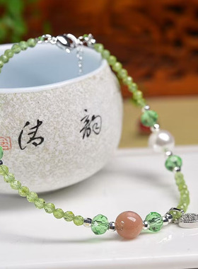 天然橄榄石手串 天然绿色手串 橄榄石脚链 切面款小颗粒水晶
