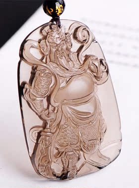 天然冰种黑曜石手持关公吊坠