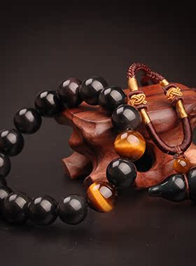 天然黑曜石葫芦吊坠转运珠手串