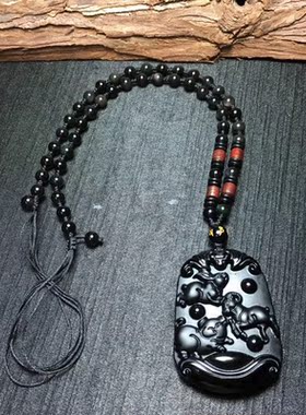 天然黑曜石生肖挂坠猪兔羊