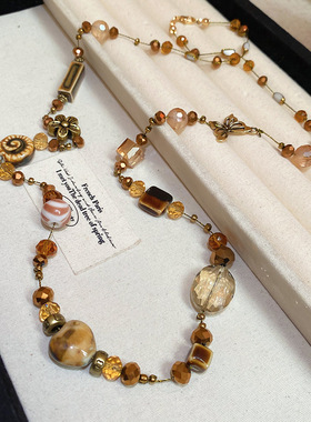 达令 咖色陶瓷简约项链 高级感长款毛衣链 复古民族风设计感配饰