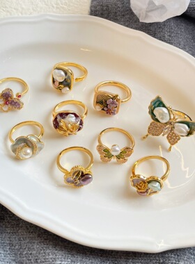 达令 可调节活口珍珠戒指 复古新中式不掉色 花瓣滴釉高级感手饰