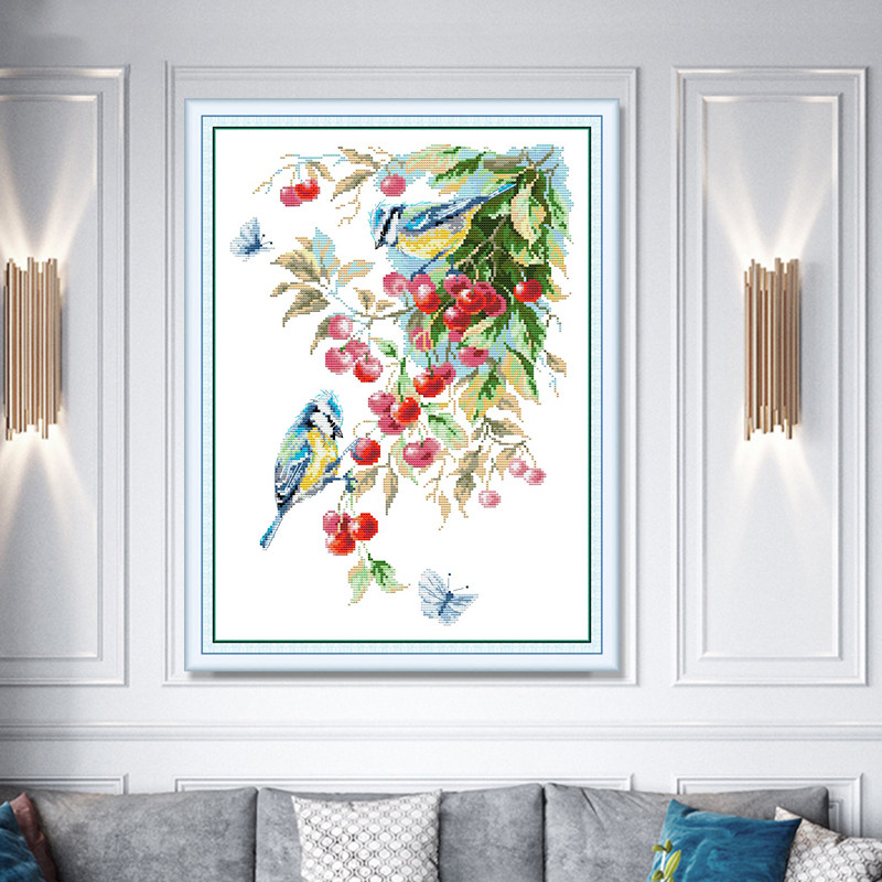 竖版玄关挂画十字绣樱桃和小鸟风景图刺绣手工自己绣走廊过道线绣