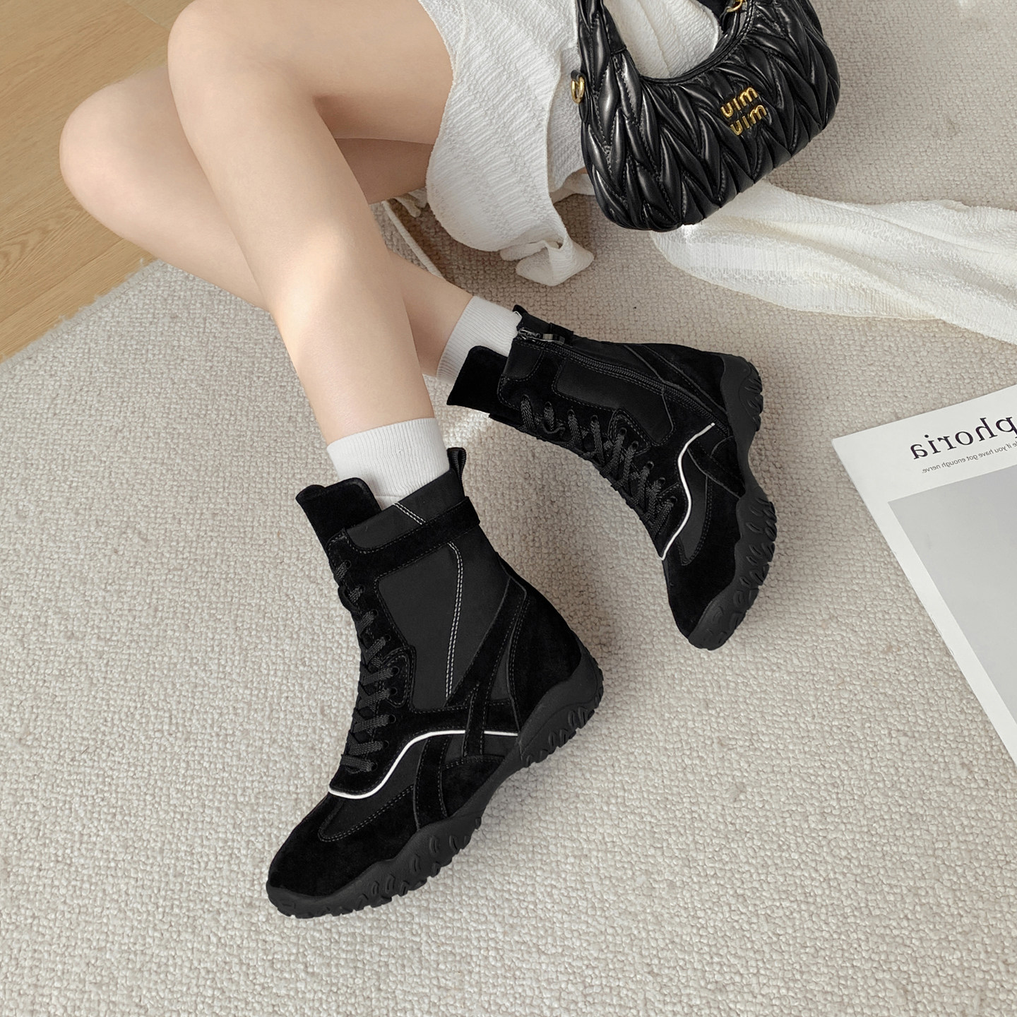 小个子内增高系带拳击靴女2025秋季新款高帮德训靴复古真皮西部靴,淘宝优惠券,粉丝福利购,淘宝优惠卷