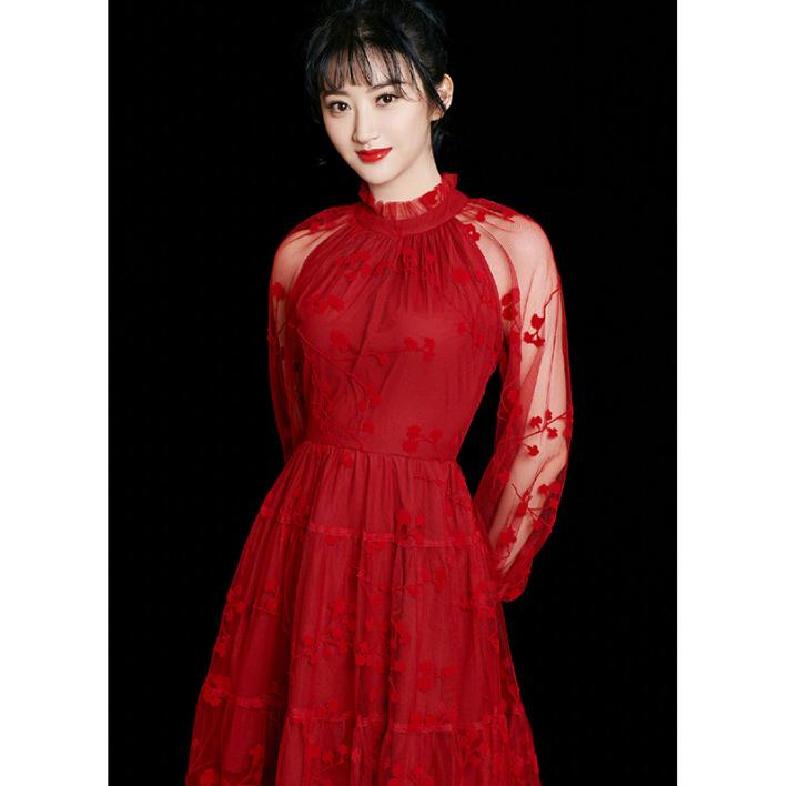 晚装女名媛2023明星同款红色收腰套头灯笼袖纱网刺绣礼服连衣裙-图3