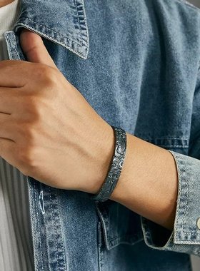 原创设计祥云转运手镯男士复古百搭纯银开口手环手工做旧镯子饰品