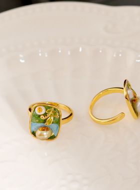 复古油画色级感珐琅耳环彩色滴釉花朵耳钉小众设计复古文艺耳饰