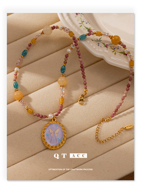 欧美复古精致手工滴油花朵钛钢吊坠感天然石真珍珠串珠项链女