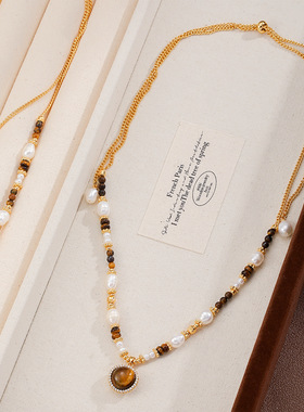 美拉德虎眼石淡水珍珠项链加长