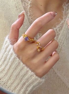 欧美轻奢复古风时尚气质百搭虎眼石戒指女小众设计感戒子指环