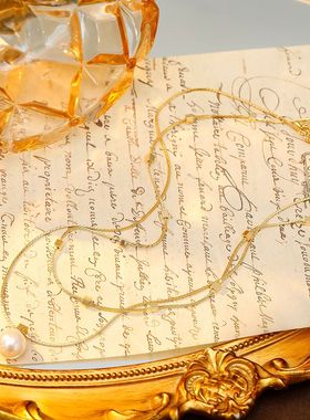 双层叠戴珍珠项链女小方块锁骨链轻奢高级感气质大气毛衣链颈链