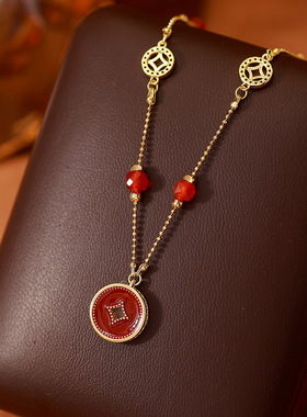 新中式珐琅锁骨链复古钱币吊坠