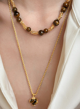 虎眼石串珠几何圆形吊坠项链美拉德秋冬款毛衣链小众冷淡风锁骨链