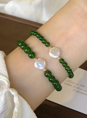 绿玛瑙玉髓珍珠手串新中式不掉色
