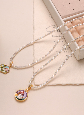 油画项链中古风珍珠链莫奈花园吊坠项链女高级感轻奢小众毛衣链