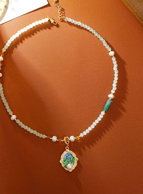 中古油画扣吊坠复古珍珠项链女新中式国风轻奢小众锁骨毛衣链