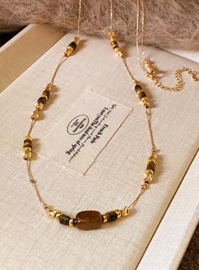 美拉德咖色虎眼石几何串珠毛衣链