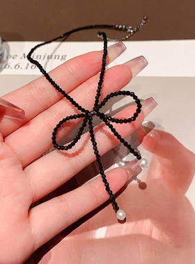 礼服小黑裙蝴蝶结珍珠项链气质复古小众饰品颈链ins锁骨链高冷女