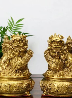 中式黄铜狮子一对招财进宝纳福镇宅摆件聚宝盆家居客厅玄关公司