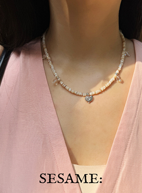 飒米白金海螺白水晶吊坠贝壳片可调节串珠项链简约高级度假项链