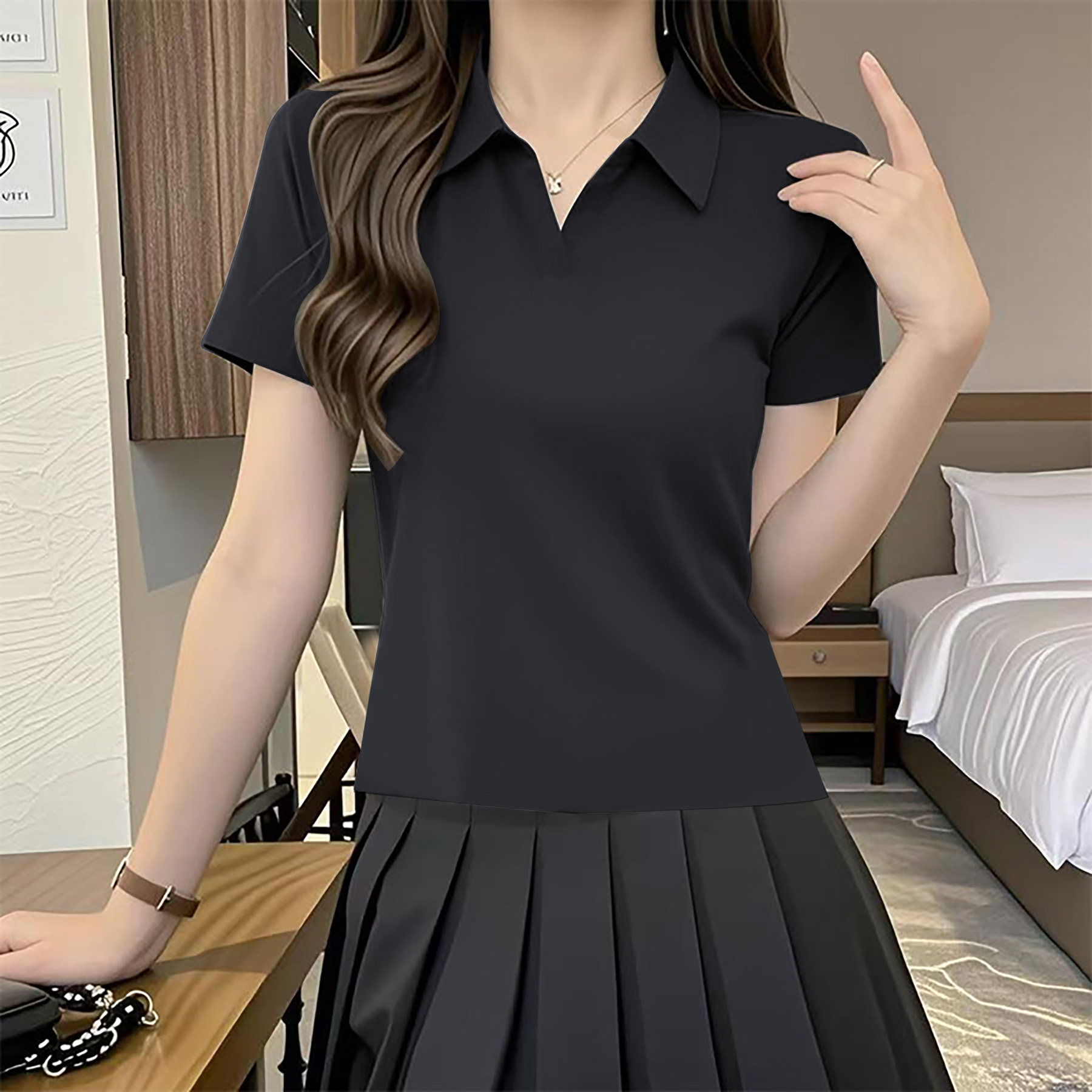 灰色polo领正肩短袖t恤上衣女夏季新款宽松显瘦遮肉翻领女打底衫,淘宝优惠券,粉丝福利购,淘宝优惠卷