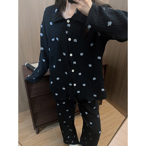 韩系波点凯蒂猫睡衣女婴儿棉纱开衫长袖长裤春秋慵懒感家居服套装 - 图1