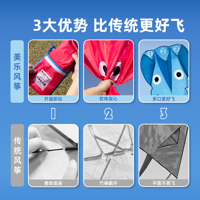 美乐童年小章鱼口袋风筝微风易飞2026新款户外无骨手持儿童玩具
