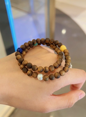天然文莱沉香双圈手串女款原创设计感小众简约百搭叠戴夏圆珠6mm