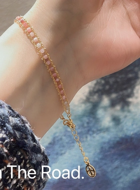 天然粉碧玺渐变方糖手链新款