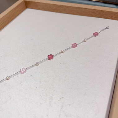 天然粉碧玺珍珠满天星银手链