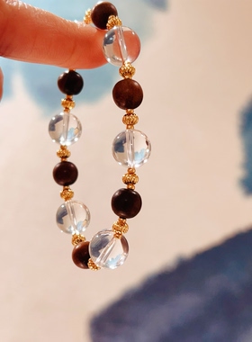 原创设计小众法式复古简约秋冬女天然白水晶黑檀手链饰叠戴秋冬