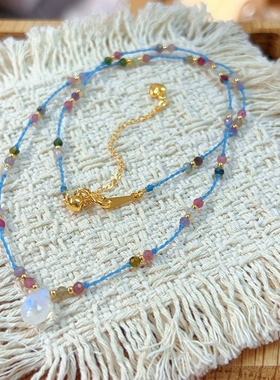 原创设计天然蓝月光石水滴碧玺项链女款镀金小众设计感彩色极细