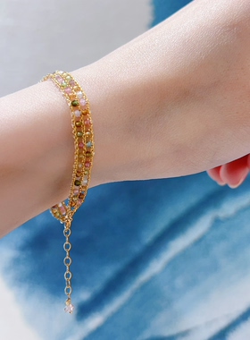 天然高透碧玺14k包金小米珠手链