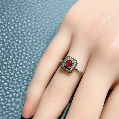 天然橘色石榴石戒指女款银戒指