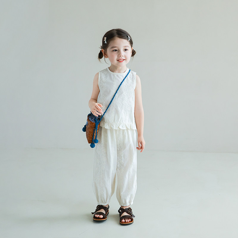 大耳象女童镂空花边无袖小衫长裤夏季新款儿童纯棉套装,淘宝优惠券,粉丝福利购,淘宝优惠卷