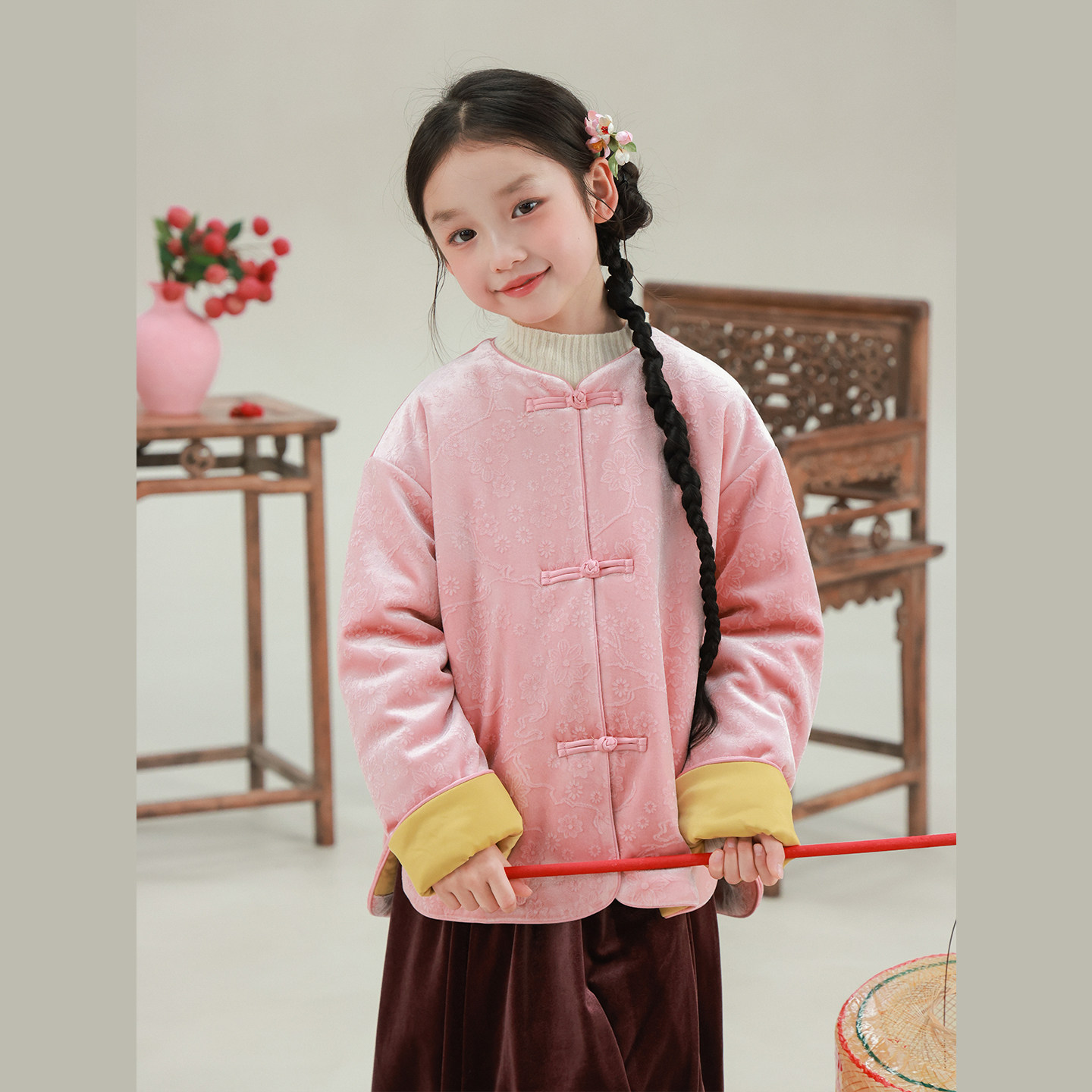 大耳象女童暗纹花朵长袖旗袍上衣冬款宝儿新中式拜年保暖加厚外套,淘宝优惠券,粉丝福利购,淘宝优惠卷